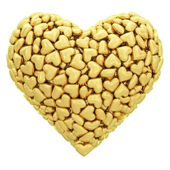 Heart shape composed of many golden hearts isolated on white. High resolution 3D image