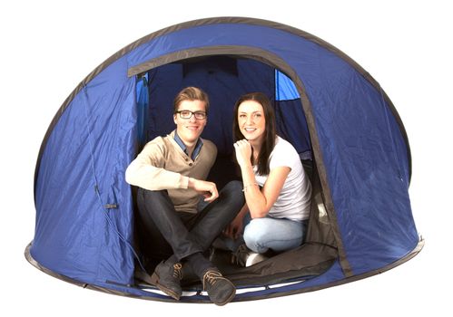 Happy couple in blue tent isolated on white background