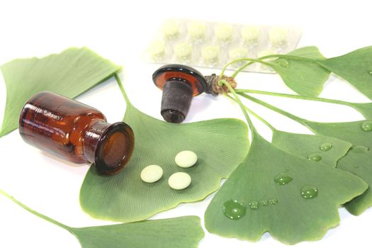 Ginkgo leaves with pills on bright background