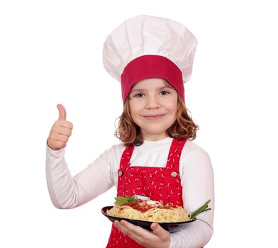 beautiful little girl cook with thumb up and spaghetti
