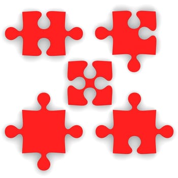 Red puzzle pieces isolated on white background. Pieces fit together nicely when cut off.