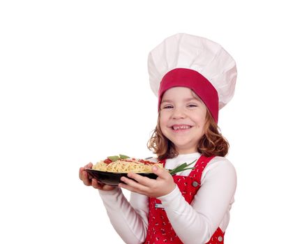 happy little girl cook with spaghetti on white 