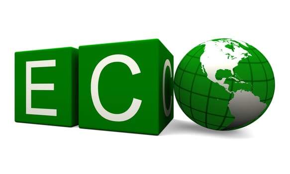 Green eco sign isolated on white background with planet Earth as "o" letter