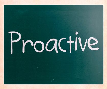 The word 'Proactive' handwritten with white chalk on a blackboard