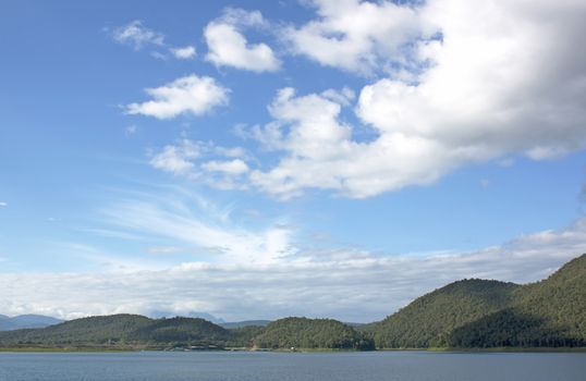 Natural forest landscape mountains sky water clouds.