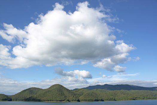 Natural forest landscape mountains sky water clouds.