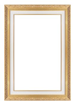 Old antique gold picture frame wall, wallpaper, decorative objects isolated white background
