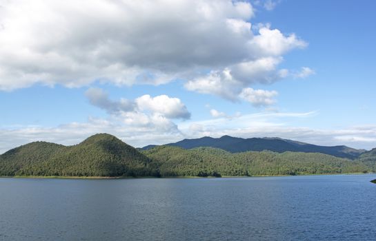 Natural forest landscape mountains sky water clouds.