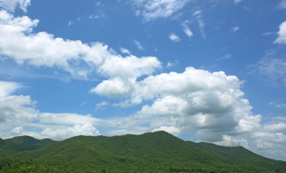 Natural forests, mountains and sky. Lush scenery.