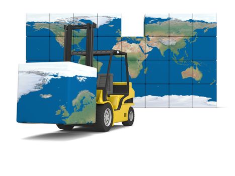 Concept of International logistics, modern yellow forklift carrying piece of global map, isolated on white background. Elements of this image furnished by NASA.