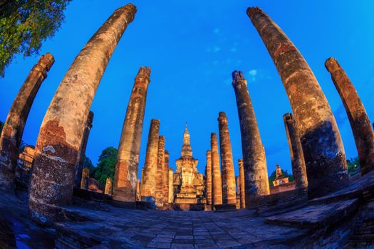 Sunrise Twilight in Wat Mahathat Temple ruin at Sukhothai Historical Park Thailand