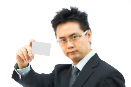 Businessman holding business name card isolated over white background