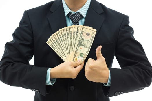 Businessman holding money isolated over white background