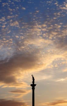 Warsaw landmark - column and statue of King Sigismund III Vasa at sunset, Poland
