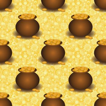 Seamless background, clay pots with gold coins and abstract pattern. , contains transparencies.