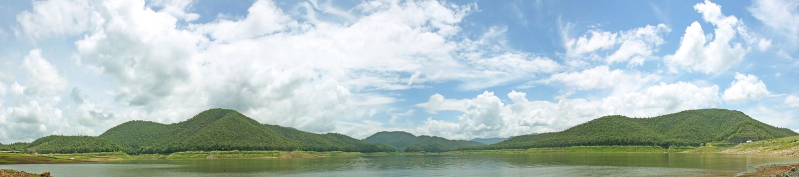 Natural forest landscape mountains sky water clouds.