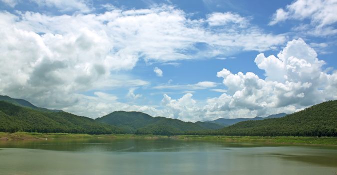 Natural forest landscape mountains sky water clouds.