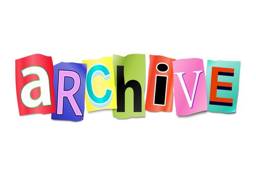 Illustration depicting a set of cut out printed letters arranged to form the word archive.