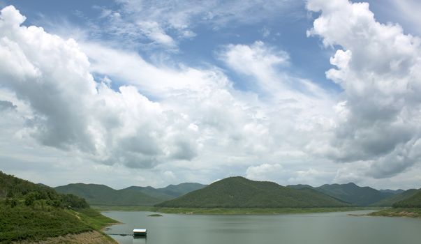 Natural forest landscape mountains sky water clouds.