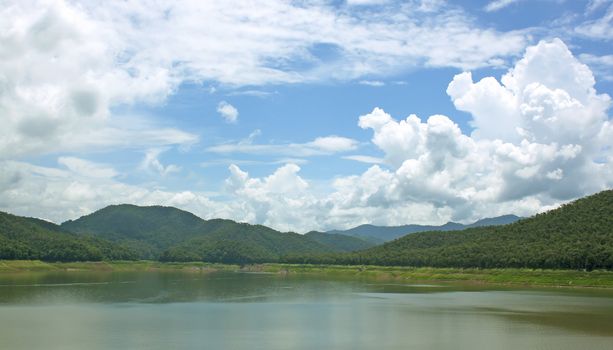 Natural forest landscape mountains sky water clouds.