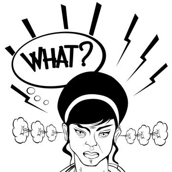 Comic style drawing of a teenage woman expressing anger, confussion and blowing steam of her ears.