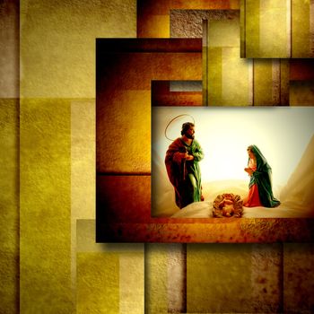 christmas card holy family, modern geometric background in gold
