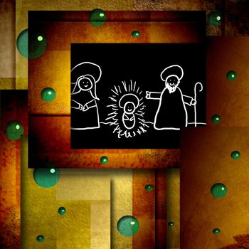 funny Christmas card drawing holy family in modern geometric background