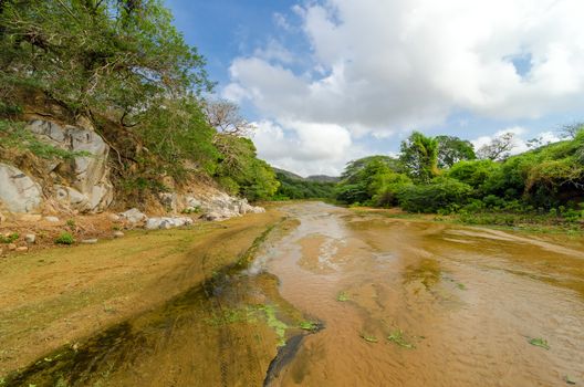 Shallow almost dry river bed in Macuira National Park in La Guajira, Colombia