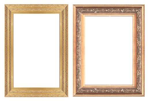 Old antique gold picture frame wall, wallpaper, decorative objects isolated white background.