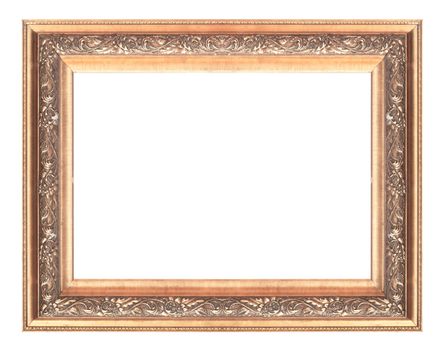 Old antique gold picture frame wall, wallpaper, decorative objects isolated white background.