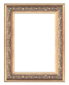 Old antique gold picture frame wall, wallpaper, decorative objects isolated white background.