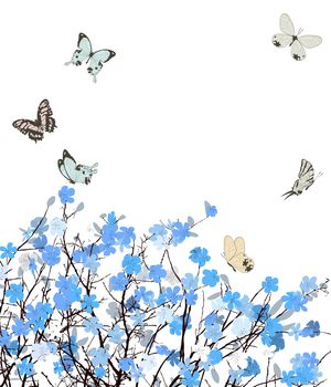 Blue flowers greeting card with floral ornament and butterflies.