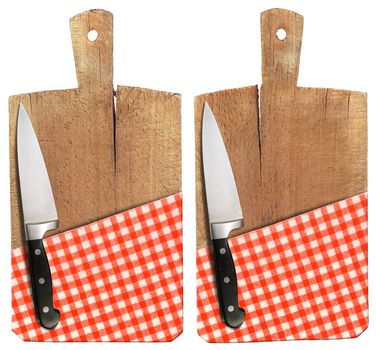 Used chopping or cutting board isolated on white with red checked tablecloth
and kitchen knife 
