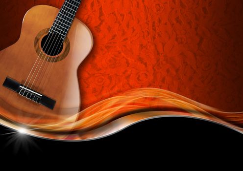 Acoustic Guitar on orange texture with ornate floral seamless with metal wave and black background