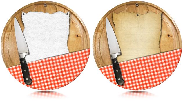 Two notebooks for recipes or menu on used wooden cutting boards with kitchen knife and red checked tablecloth