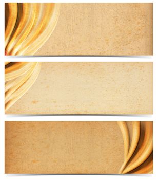 Set of three banners or headers with empty old yellowed paper with mold stains and blurred waves
