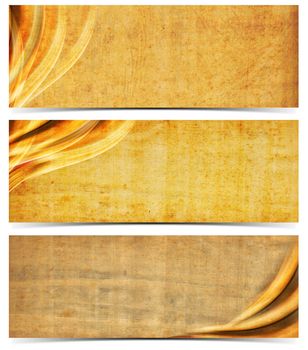 Set of three banners or headers with empty old yellowed paper with mold stains and blurred waves
