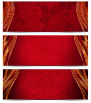 Set of three luxury banners or headers with red floral texture and blurred waves
