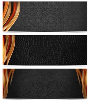 Set of three luxury banners or headers with gray floral texture and blurred waves

