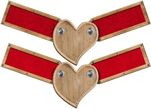 Two Handmade wooden hearts with two wood labels with red velvet interior
