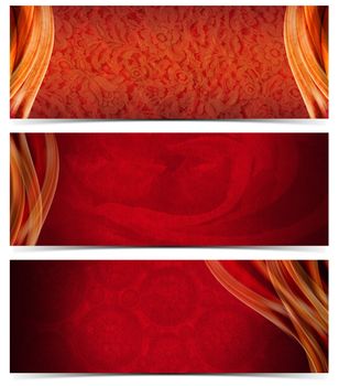 Set of three luxury banners or headers with red floral texture and blurred waves
