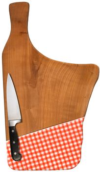 Used chopping or cutting board isolated on white with red checked tablecloth
and kitchen knife 
