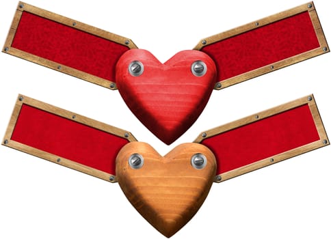 Two Handmade wooden hearts with two wood labels with red velvet interior
