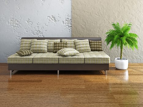 Sofa with pillows near the concrete wall