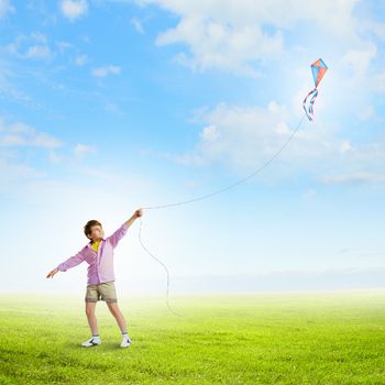 Little boy playing with kite on meadow. Childhood concept