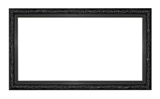 Old black vintage wooden frame isolated white background.