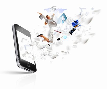 Image of businesswoman jumping out of mobile phone