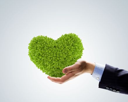 Image of plant in human hand shaped like heart