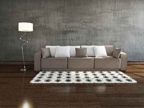 Brown sofa with pillows near the concrete wall