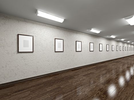 Long gallery with blank pictures on the wall